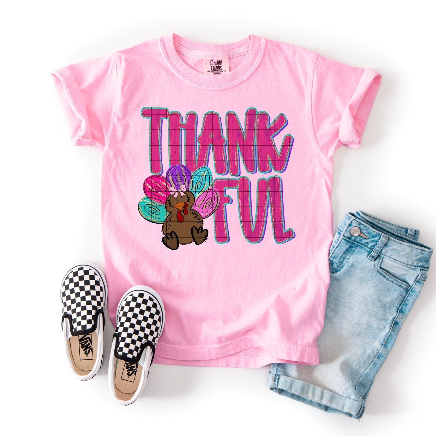 Thankful Pink Girl Turkey Thanksgiving Fall Ready to Press Transfer DTF Transfer Sublimation Transfer