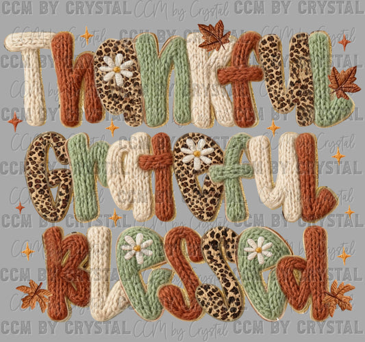 Thankful Grateful Blessed Fall Thanksgiving Faux Yarn Ready to Press Transfer DTF Transfer Sublimation Transfer