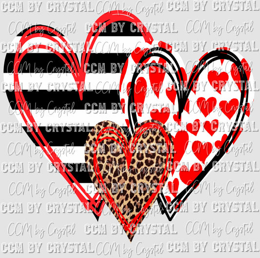 Three Hearts Valentines Day Stripes and Leopard Print Ready to Press Transfer
