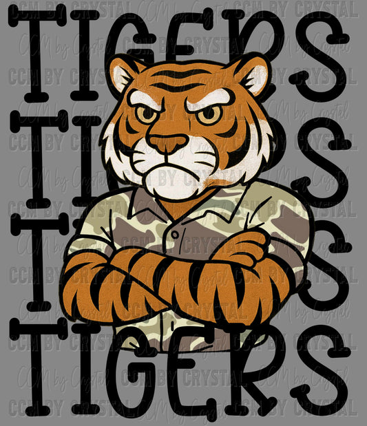 Tigers Camo Stacked Sports Mascot Ready to Press Transfer DTF Transfer Sublimation Transfer