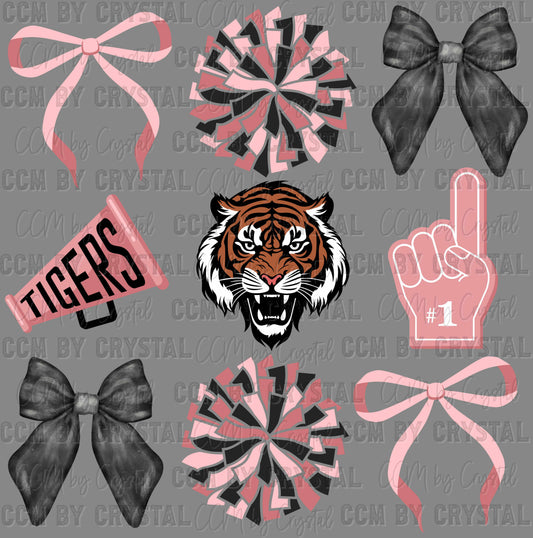 Tigers Coquette Cheer Pink Ribbon Sports Mascot Ready to Press Transfer DTF Transfer Sublimation Transfer