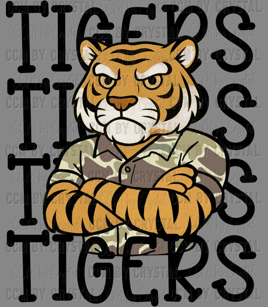 Tigers Yellow Camo Stacked Sports Mascot Ready to Press Transfer DTF Transfer Sublimation Transfer