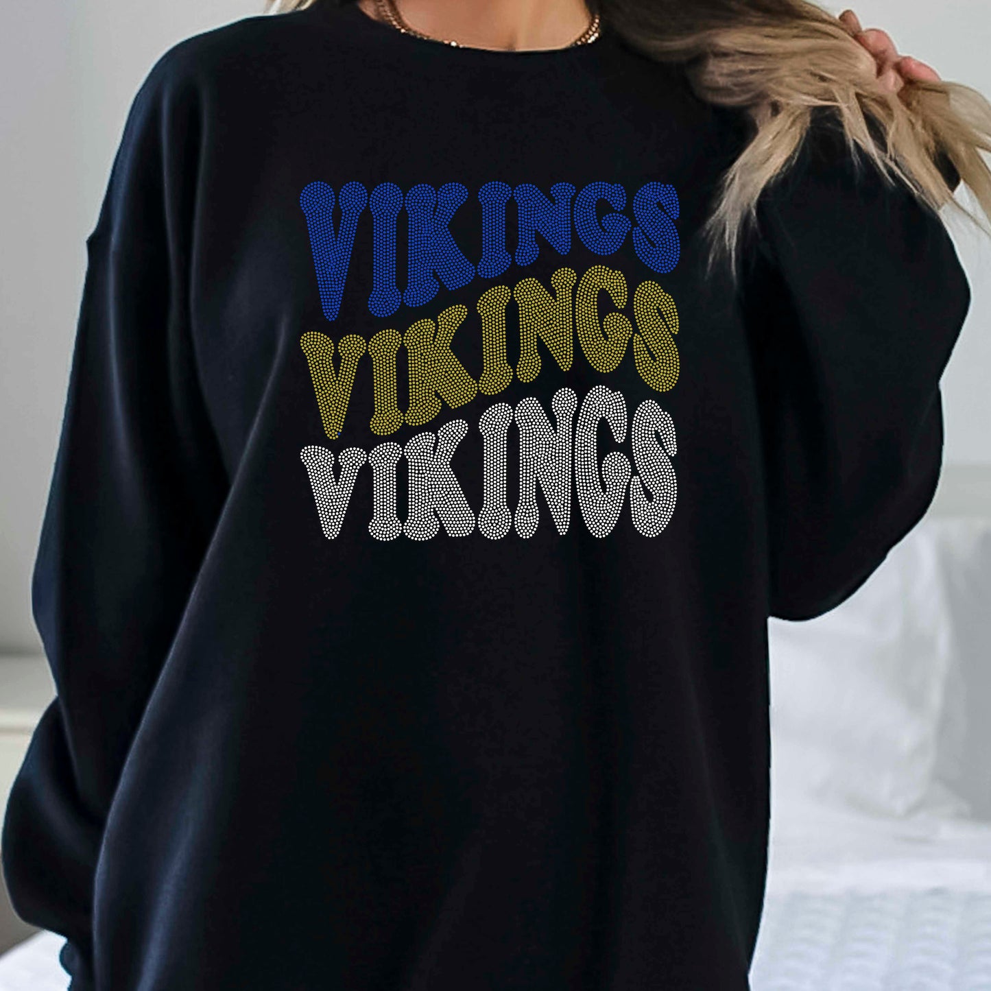 Vikings Wavy Stacked 11" 3-Color Ready to Press Spangle Transfer Bling Transfer Sparkle Transfer