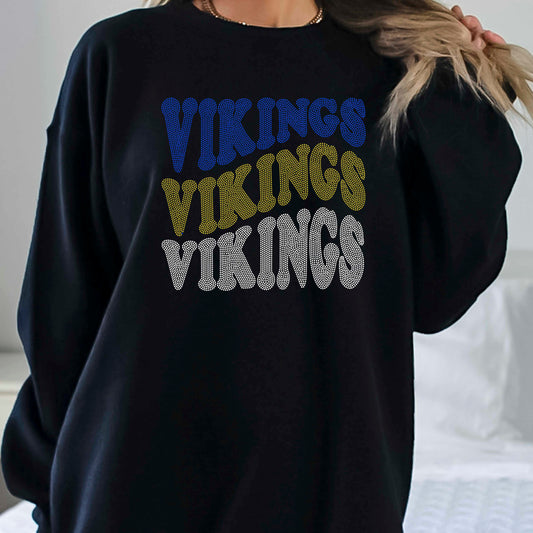Vikings Wavy Stacked 11" 3-Color Ready to Press Spangle Transfer Bling Transfer Sparkle Transfer