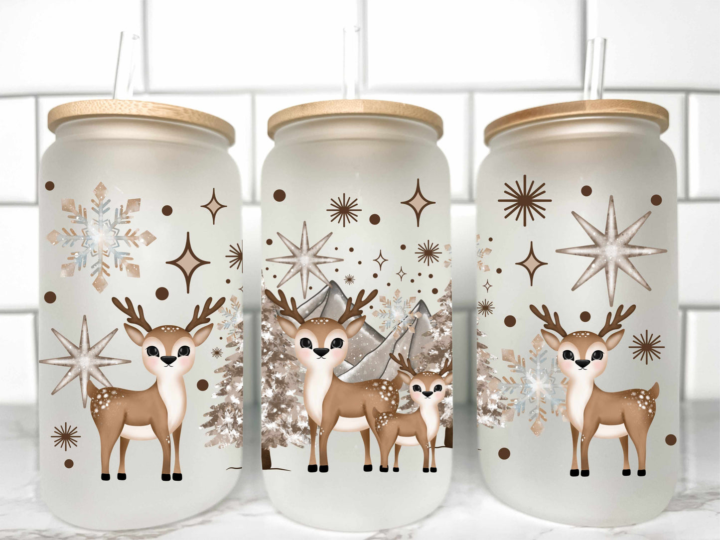 Deer Winter Christmas UV Transfer 16oz Libby Glass Can Wrap Ready to Apply