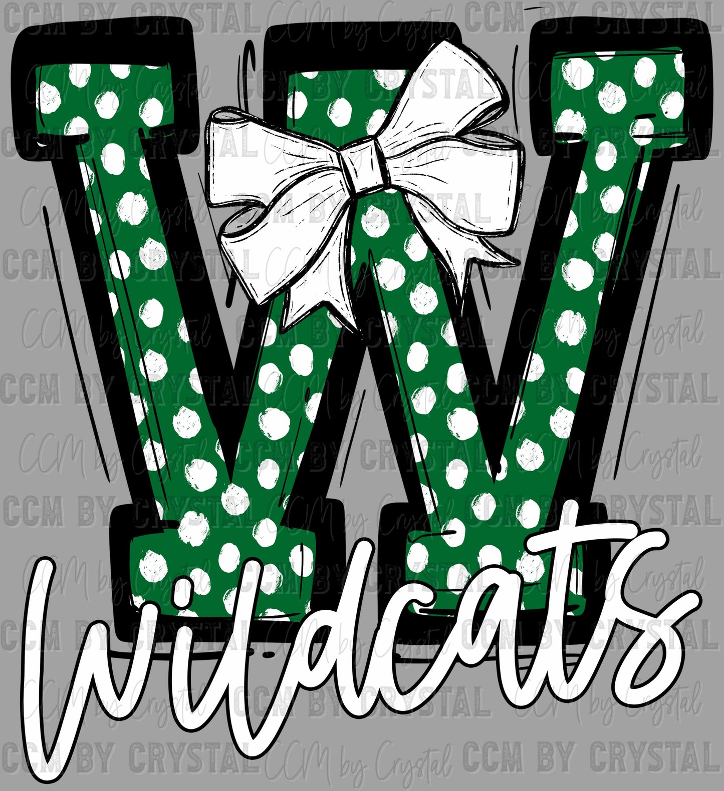 Wildcats Green Bow Dots Sports Mascot Ready to Press Transfer DTF Transfer Sublimation Transfer
