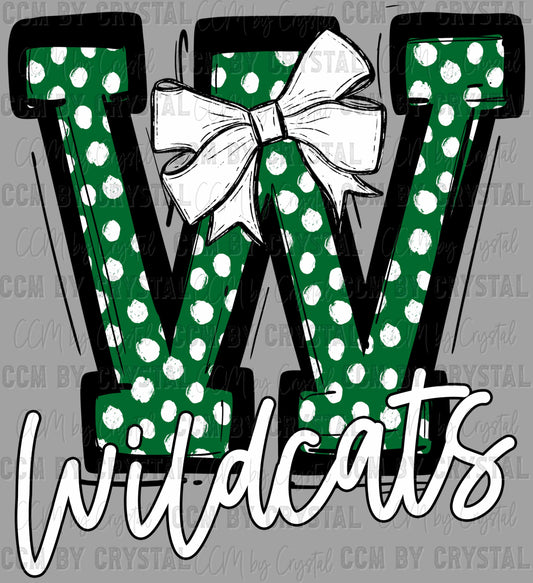 Wildcats Green Bow Dots Sports Mascot Ready to Press Transfer DTF Transfer Sublimation Transfer