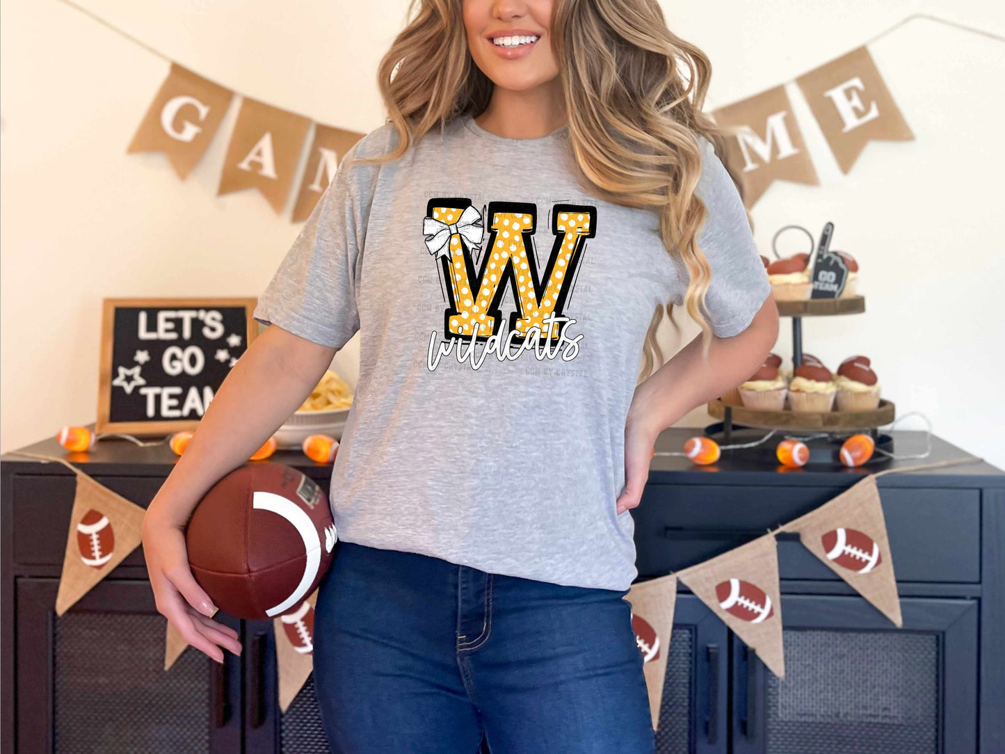 Wildcats Bow Dots Yellow Sports Mascot Ready to Press Transfer DTF Transfer Sublimation Transfer