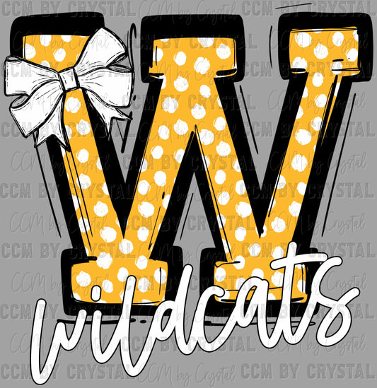 Wildcats Bow Dots Yellow Sports Mascot Ready to Press Transfer DTF Transfer Sublimation Transfer