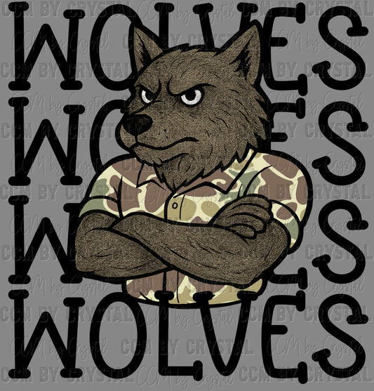 Wolves Camo Stacked Sports Mascot Ready to Press Transfer DTF Transfer Sublimation Transfer