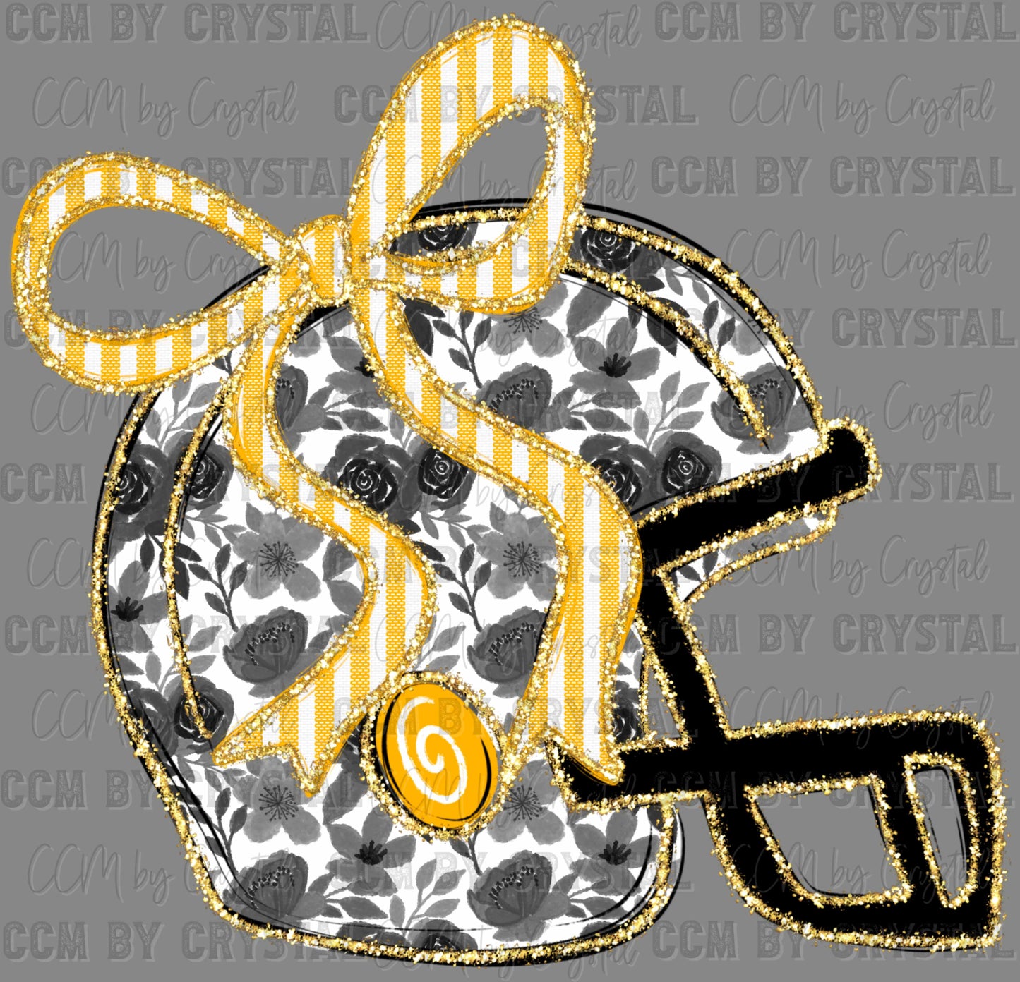 Helmet Football Floral Yellow Black Bow Faux Glitter Sports Mascot Ready to Press Transfer DTF Transfer Sublimation Transfer
