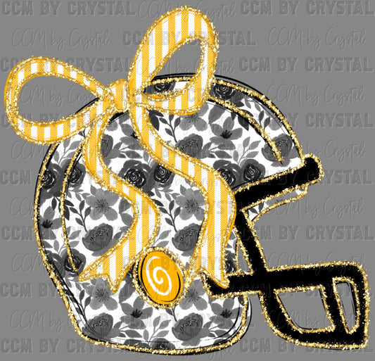 Helmet Football Floral Yellow Black Bow Faux Glitter Sports Mascot Ready to Press Transfer DTF Transfer Sublimation Transfer