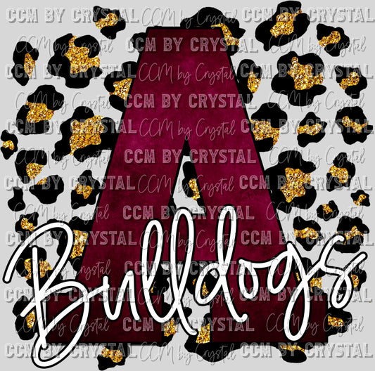 Letter A Bulldogs Maroon with Gold Leopard background PNG Digital File ONLY