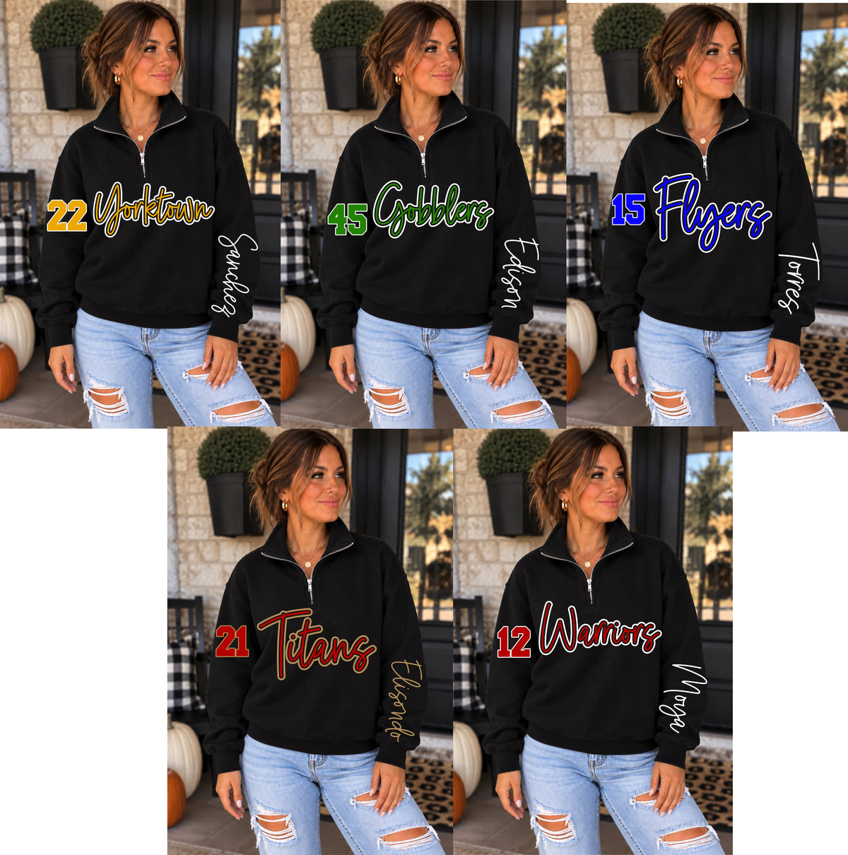 School Mascot With name and Number Quarter Zip Black Sweatshirt