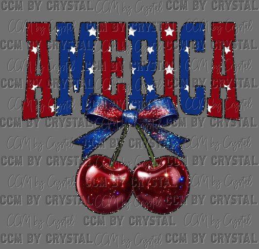 America Cherries Faux Glitter USA Patriotic 4th of July Ready to Press Instant Peel DTF Transfers Sublimation Transfers