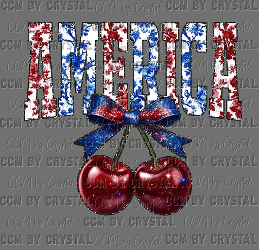 Floral America Cherries Faux Glitter USA Patriotic 4th of July Ready to Press Instant Peel DTF Transfers Sublimation Transfers