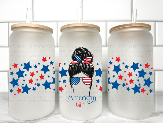 American Girl 4th of July UV DTF Transfer 16oz Libby Glass Can Wrap Ready to Apply