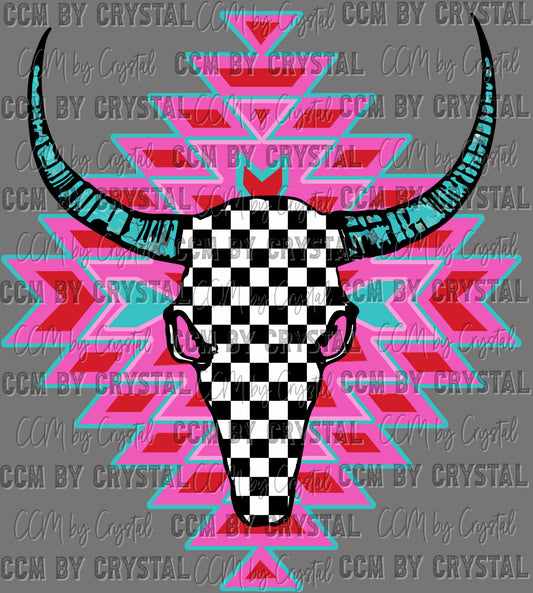 Colorful Aztec Bull Skull Western Rodeo Ready to Press Transfer DTF Transfer Sublimation Transfer