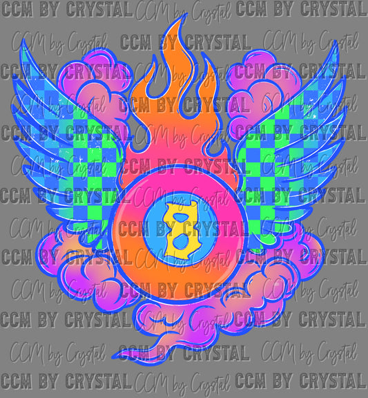 8 Ball Checkered Wings Fire Ready to Press DTF Transfers Sublimation Transfers
