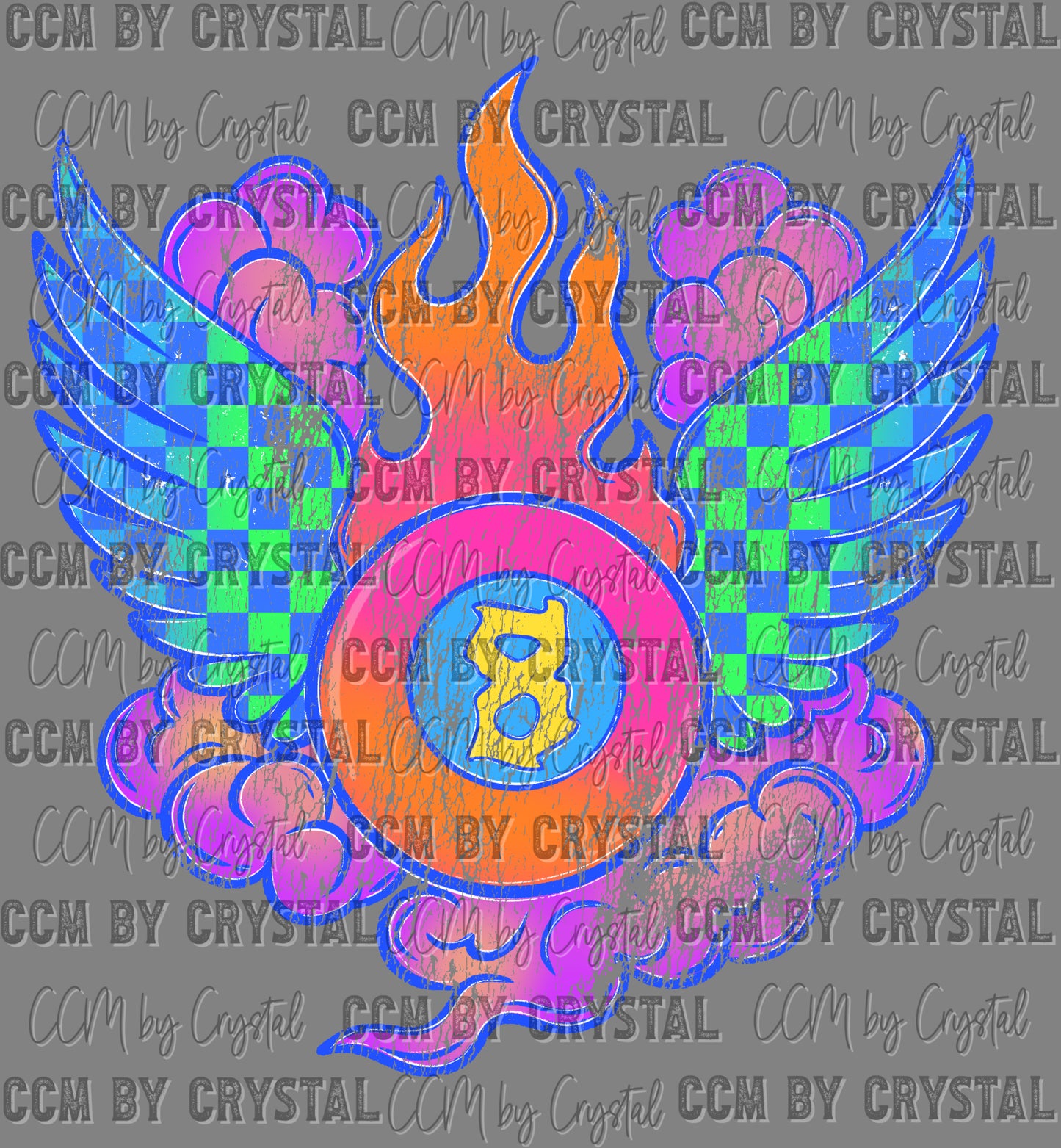Distressed 8 Ball Checkered Wings Fire Ready to Press DTF Transfers Sublimation Transfers