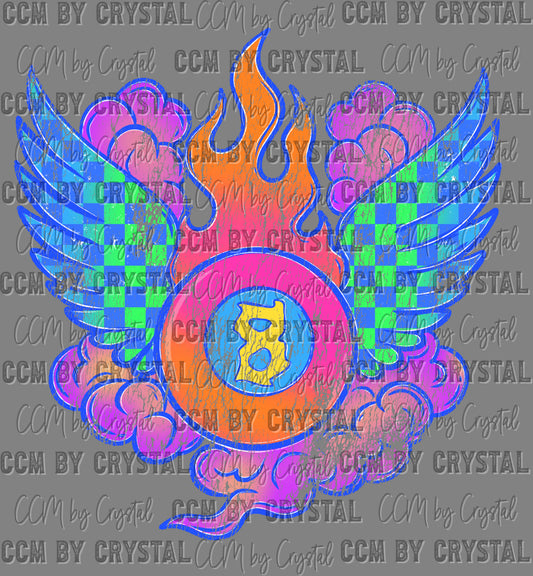 Distressed 8 Ball Checkered Wings Fire Ready to Press DTF Transfers Sublimation Transfers