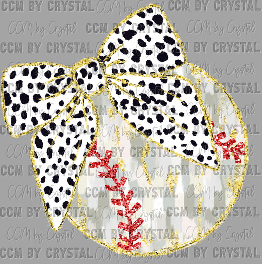 Baseball Brushstrokes with Bow Faux Glitter Ready to Press Transfer DTF Transfer Sublimation Transfer
