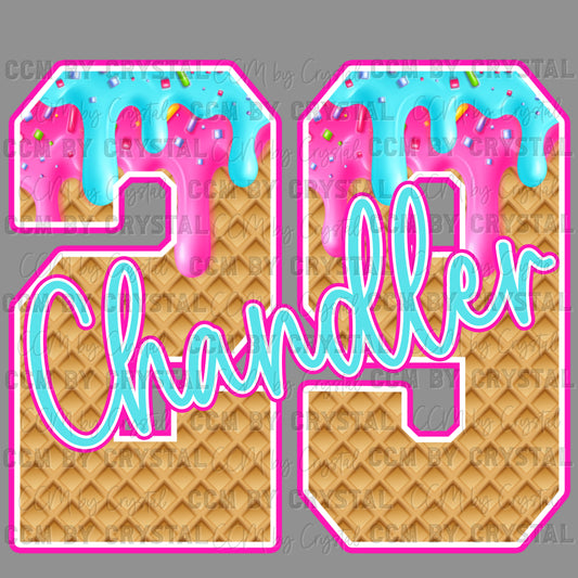 Personalized Name/Mascot and Ice Cream Drip Number Ready to Press Transfer DTF Transfer Sublimation Transfer