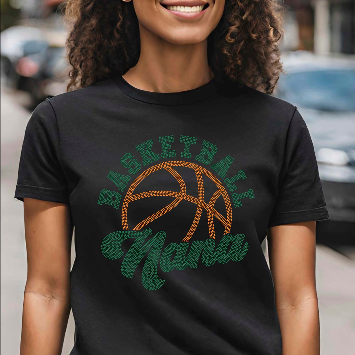 Basketball Nana 11" Wide 2- Color Spangle Ready to Press Spangle Transfer Sparkle Bling