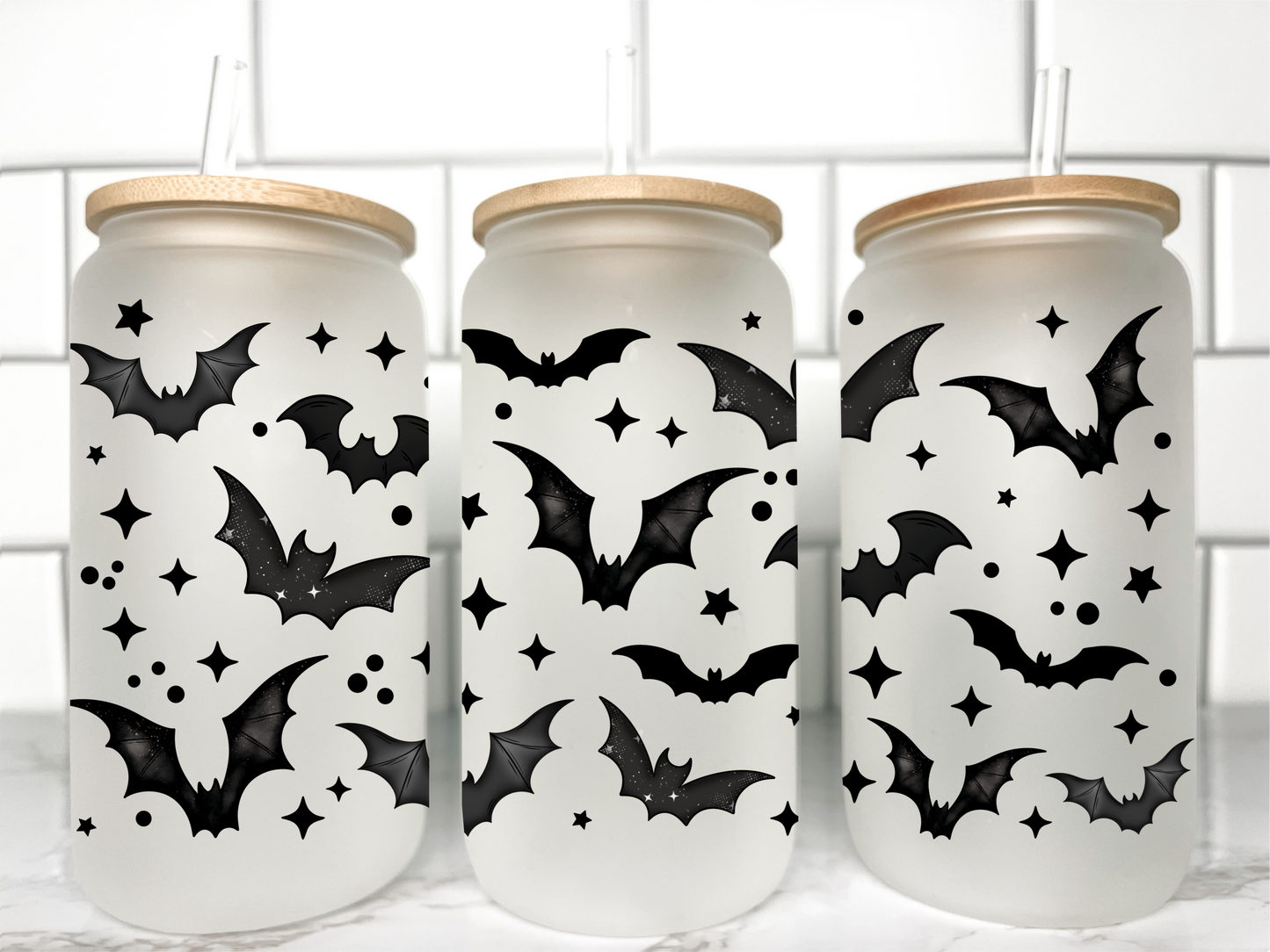 Halloween Black Bats UV Transfer 16oz Libby Glass Can Wrap Ready to Apply