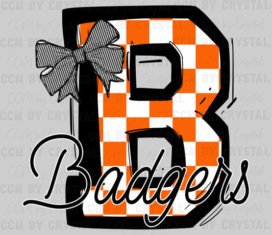 B Badgers Orange Checkered Mascot Ready to Press Transfer DTF Transfer Sublimation Transfer