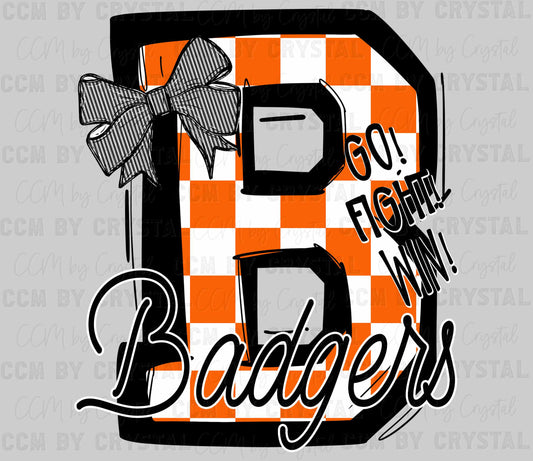 B Badgers Go Fight Win Orange Checkered Mascot Ready to Press Transfer DTF Transfer Sublimation Transfer