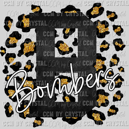 B Bombers Black with Gold Leopard Background Mascot Ready To Press Transfer