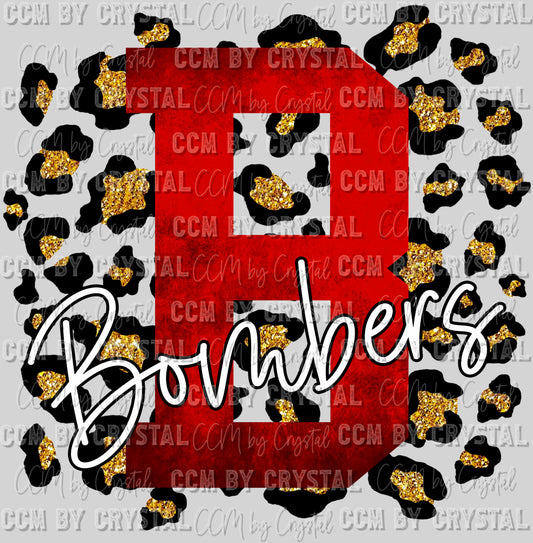 B Bombers Red with Gold Leopard Background Mascot Ready To Press Transfer