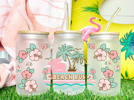 Beach Bum Summer Summertime UV DTF Transfer 16oz Libby Glass Can Wrap Ready to Apply