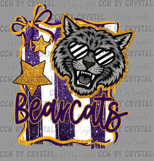 Bearcats Purple Yellow Mascot Fake Faux Glitter Ready to Press DTF Transfers Sublimation Transfers