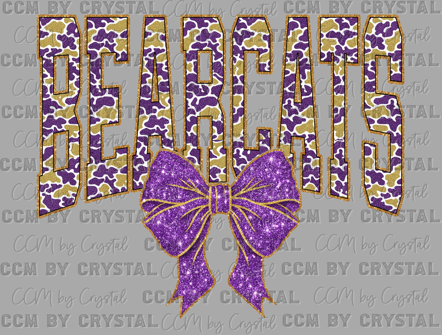 Bearcats Purple Yellow Mascot Fake Faux Glitter Ready to Press DTF Transfers Sublimation Transfers