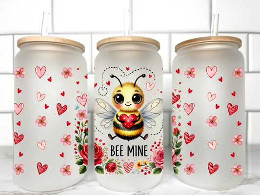 Bee Mine Valentines Day UV DTF Transfer 16oz Libby Glass Can Wrap Ready to Apply