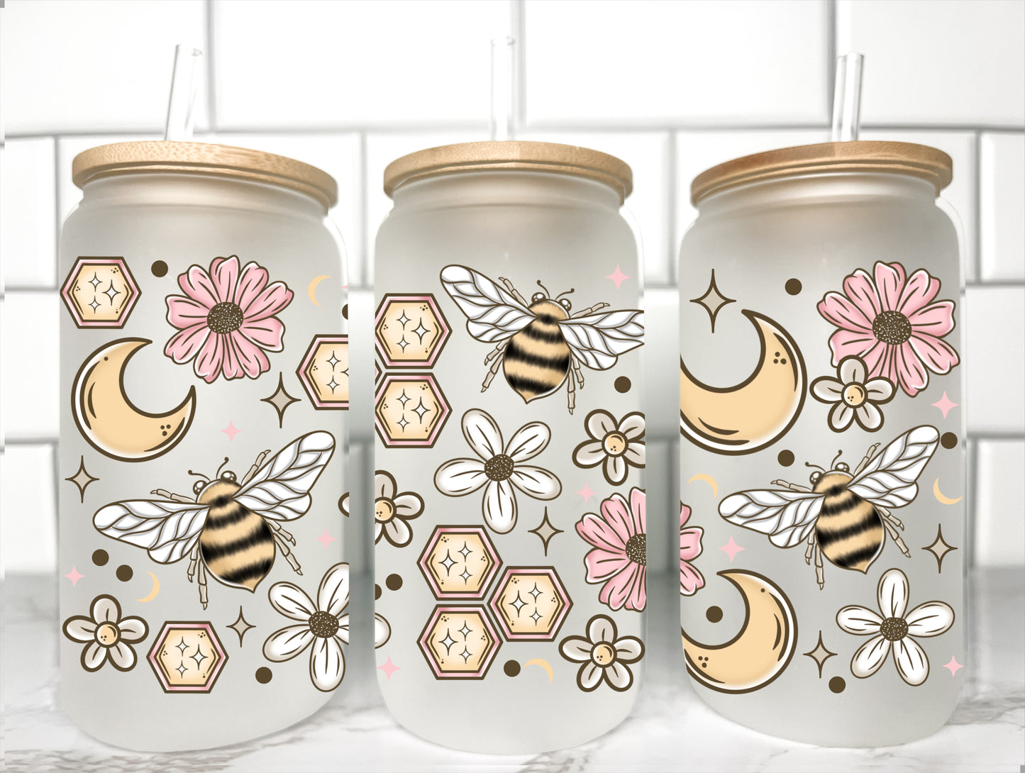 Bees and Honeycomb UV Transfer 16oz Libby Glass Can Wrap Ready to Apply