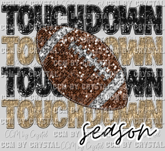 Touchdown Season Black and Gold Football Faux Sequins Faux Embroidery Ready to Press Transfer