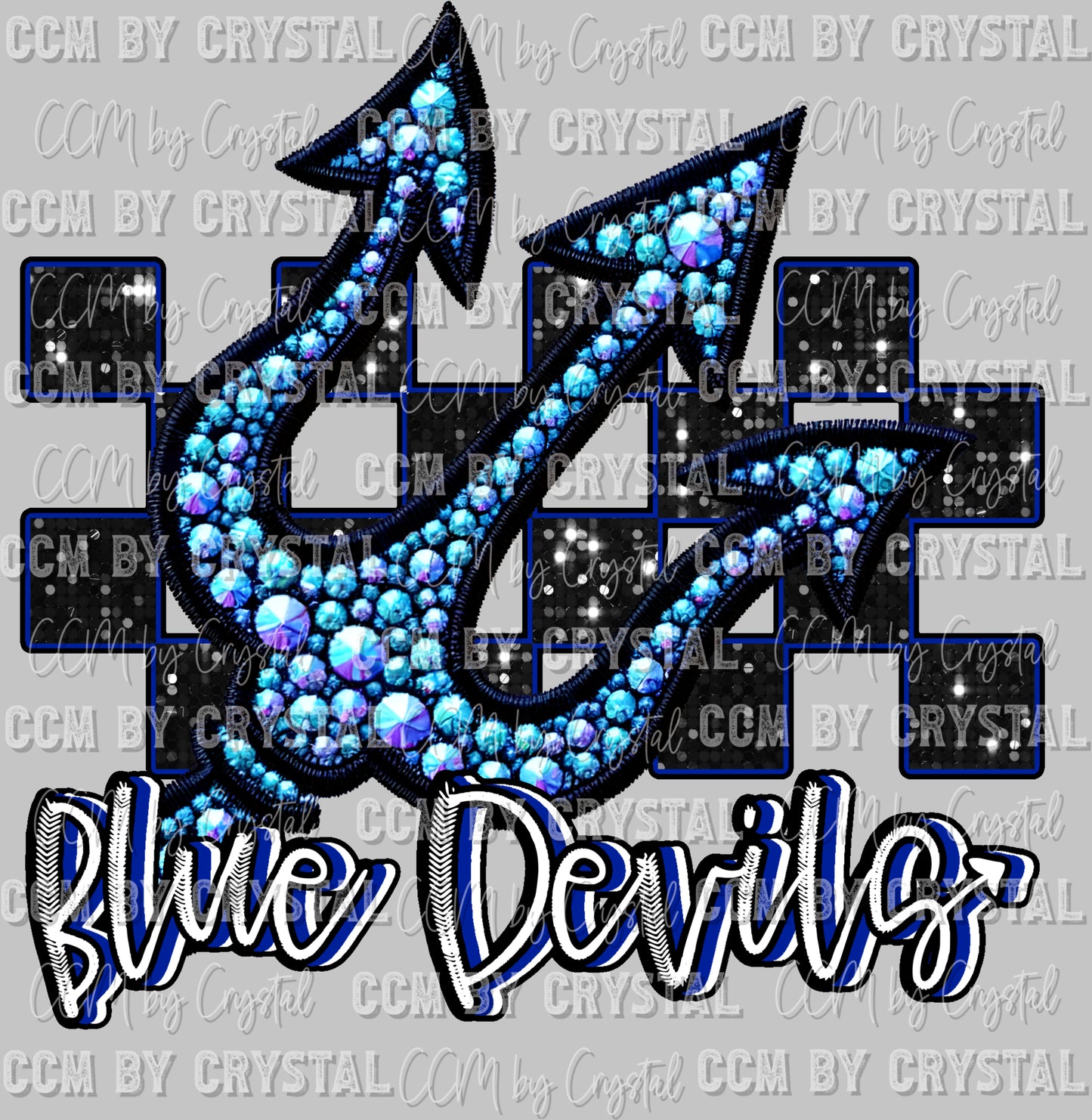 Blue Devils Mascot Faux Rhinestone Effect Ready to Press Transfer DTF Transfer Sublimation Transfer
