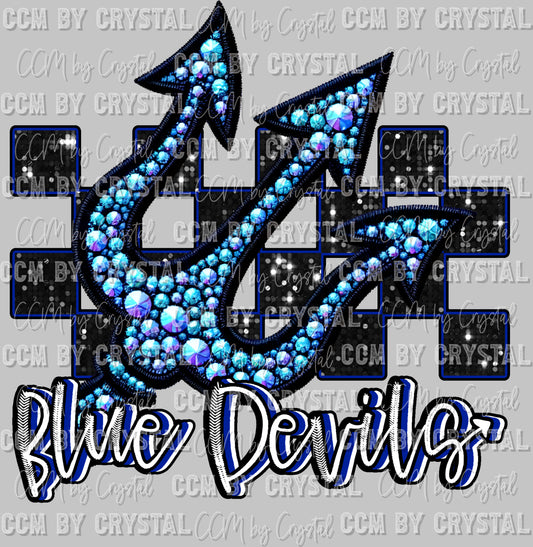 Blue Devils Mascot Faux Rhinestone Effect Ready to Press Transfer DTF Transfer Sublimation Transfer