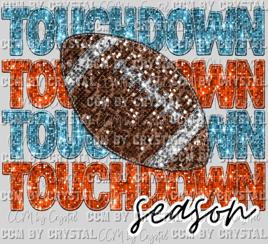 Touchdown Season Orange and Blue Football Faux Sequins Faux Embroidery Ready to Press Transfer