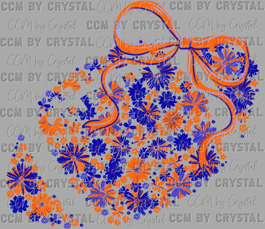 Football Floral Navy Orange Bow Flowers Sports Ready to Press Transfer DTF Transfer Sublimation Transfer