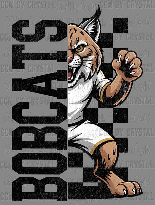 Bobcats Grunge Checkered Sports Mascot Ready to Press Transfer DTF Transfer Sublimation Transfer