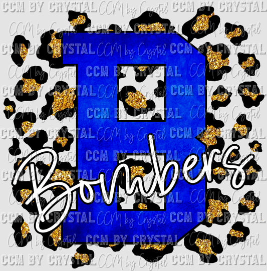 Bombers Blue with Gold Leopard Background Mascot Ready to Press Transfer