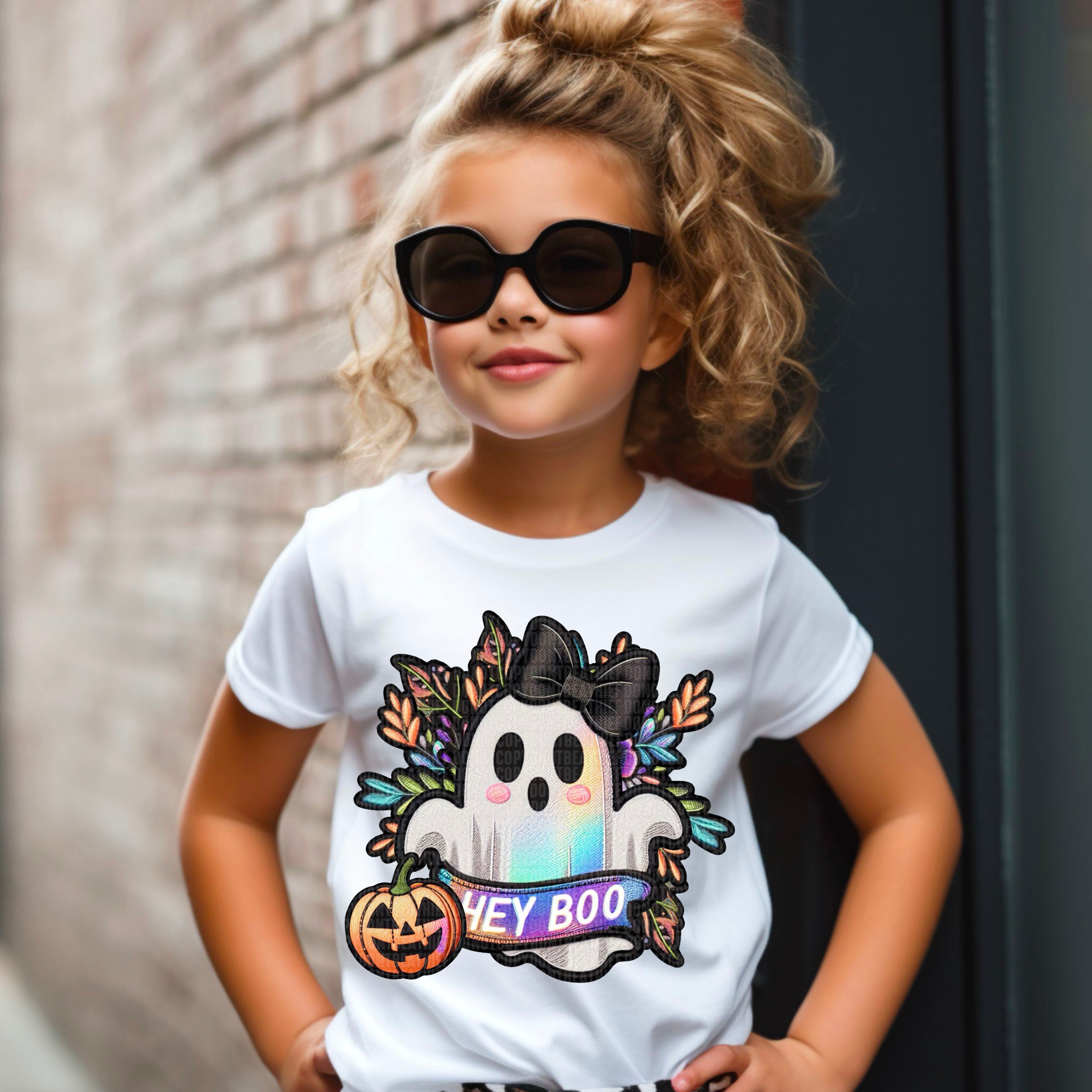 Halloween Ghost Hey Boo Faux Embroidery Faux Holographic Ready to Pres ...