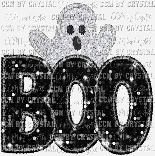 Boo Ghost Halloween Faux Sequins Faux Embroidery Ready to Press Transfer