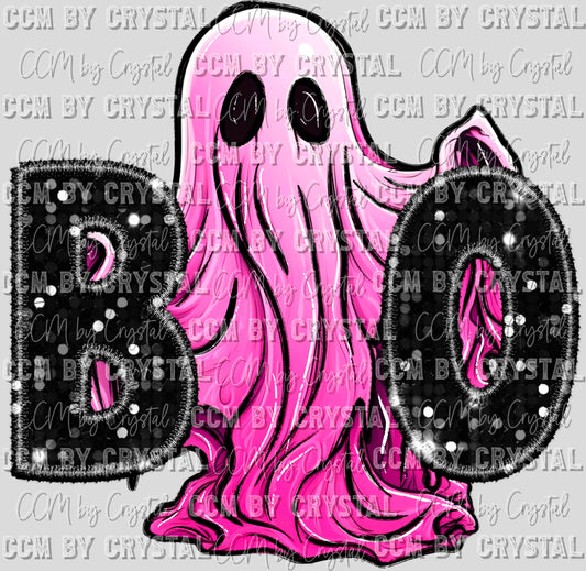 Boo Ghost Halloween Faux Sequins Faux Embroidery Ready to Press Transfer