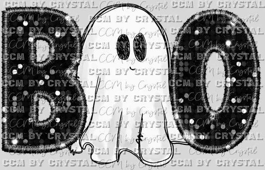 Boo Ghost Faux Embroidery Faux Sequins Halloween Fall Ready to Press Transfer