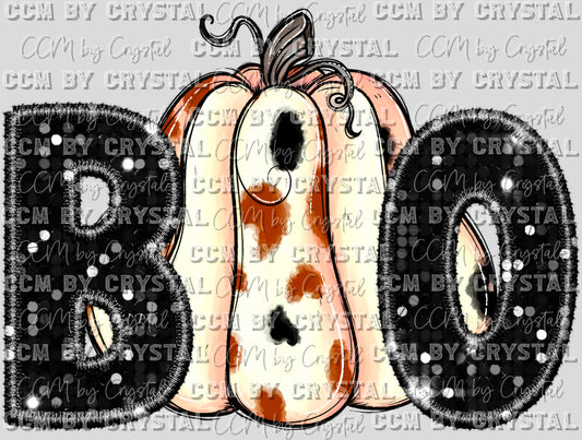 Boo Pumpkin Halloween Fall Faux Sequins Faux Embroidery Ready to Press Transfer